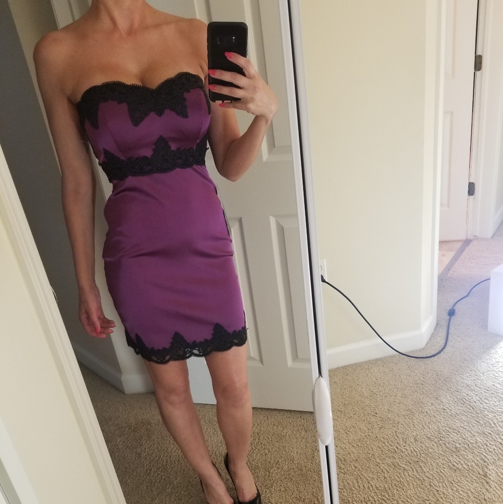 Bebe strapless lace trim sateen dress
